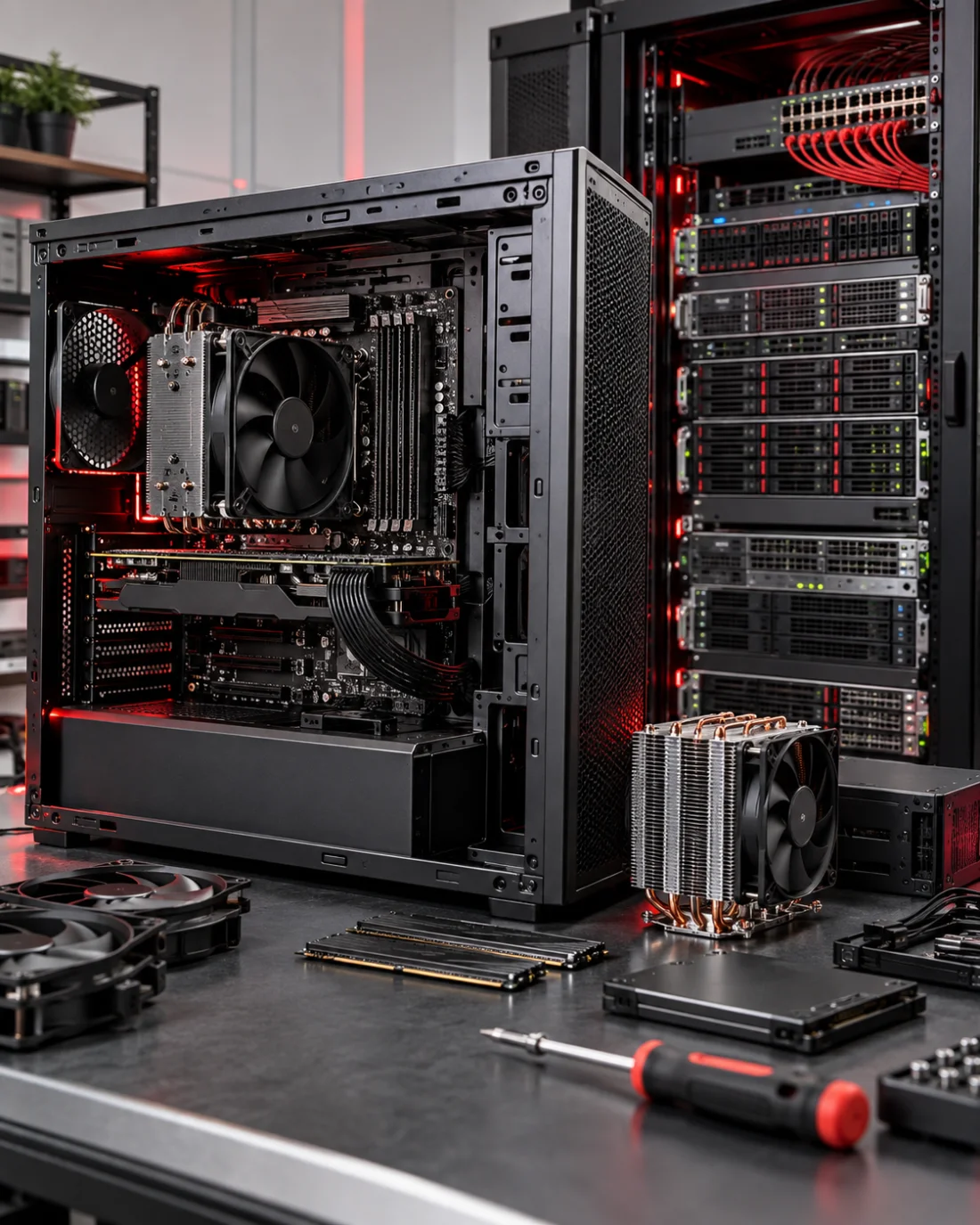 Imagem ilustrativa de um computador aberto com componentes de hardware e um rack de servidores ao fundo